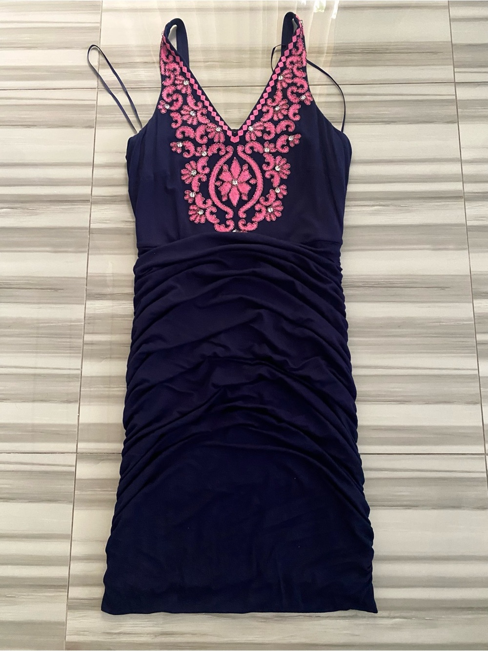 Navy Bodycon Dress with Pink Embellished V-Neck